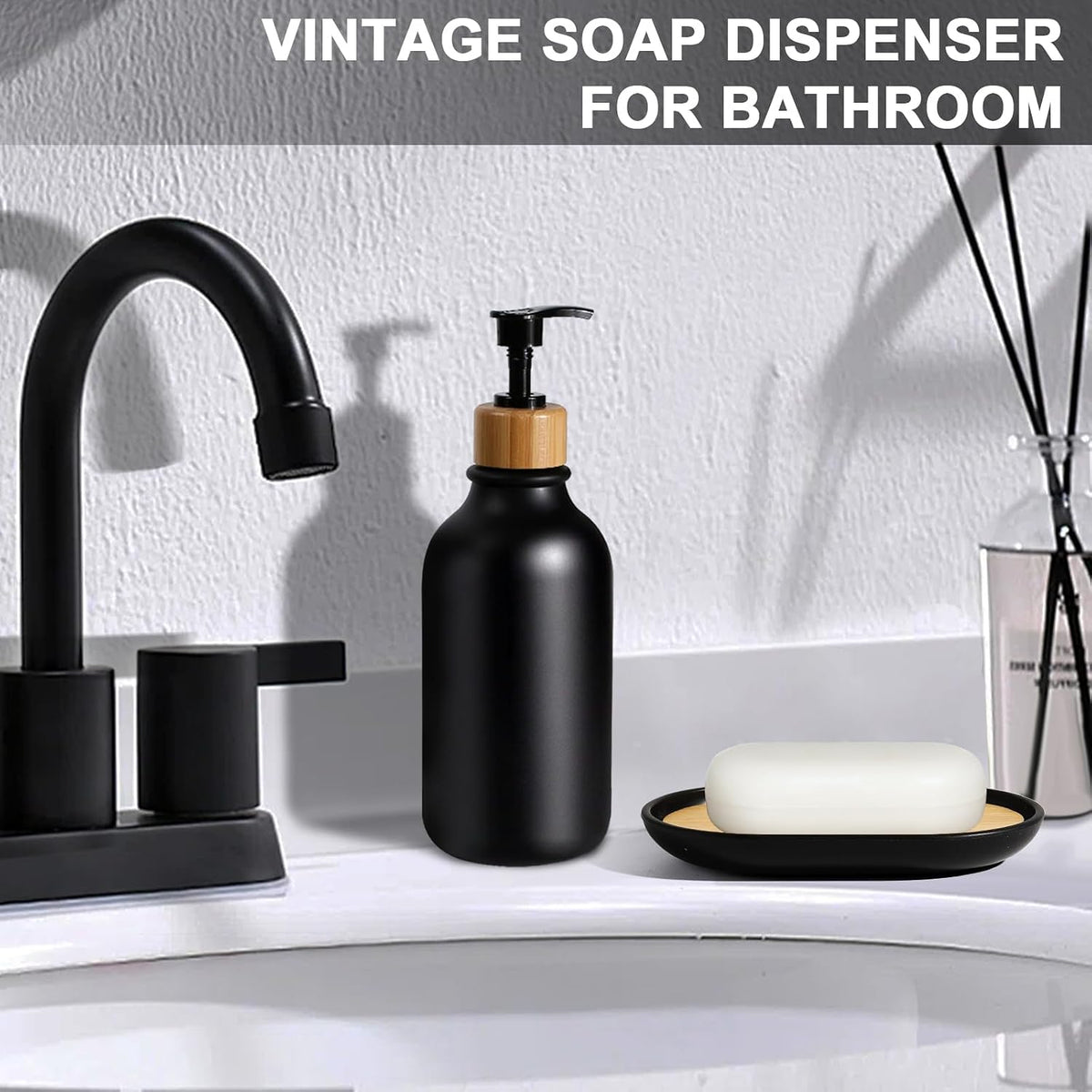 Black Bathroom Accessories Set 5 Pcs, Matte Black Bathroom Accessories, Plastic Soap Dispenser and Toothbrush Holder Set, Soap Dish, Cotton Swab Jar, Black Bathroom Set, Boho Bathroom Decor