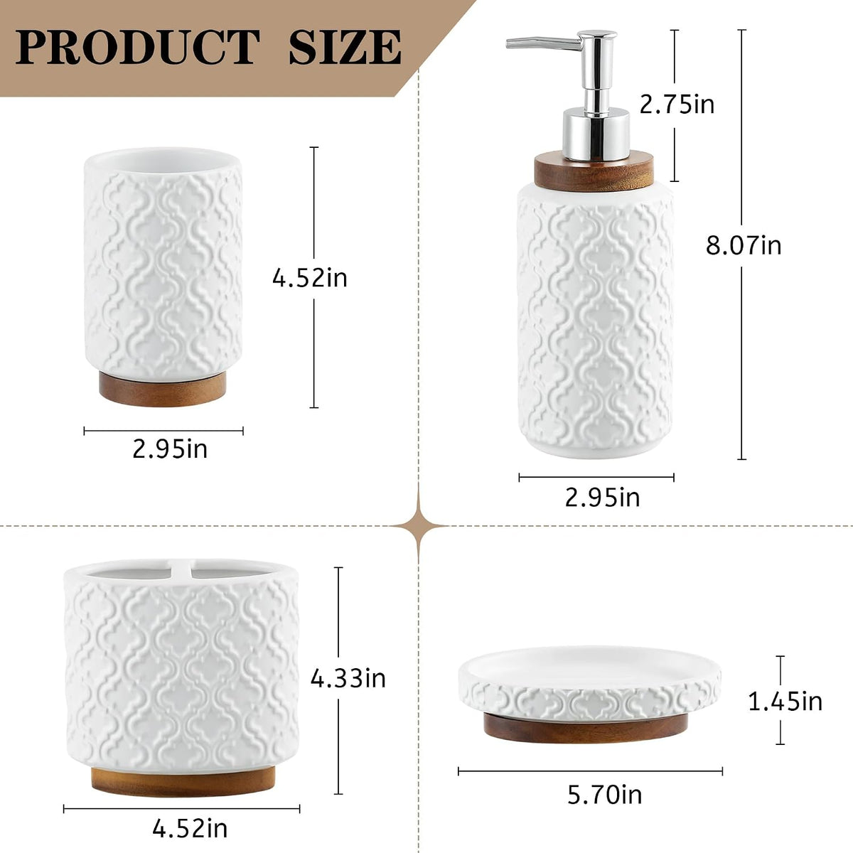 RQYIXI Ceramic Bathroom Accessories Set,White,4 Piece,Embossed Design