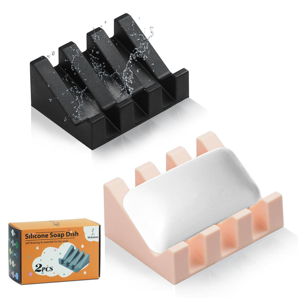 Self Draining Silicone Soap Dish Holder Waterfall Tray, 1 Pack Sky Blue