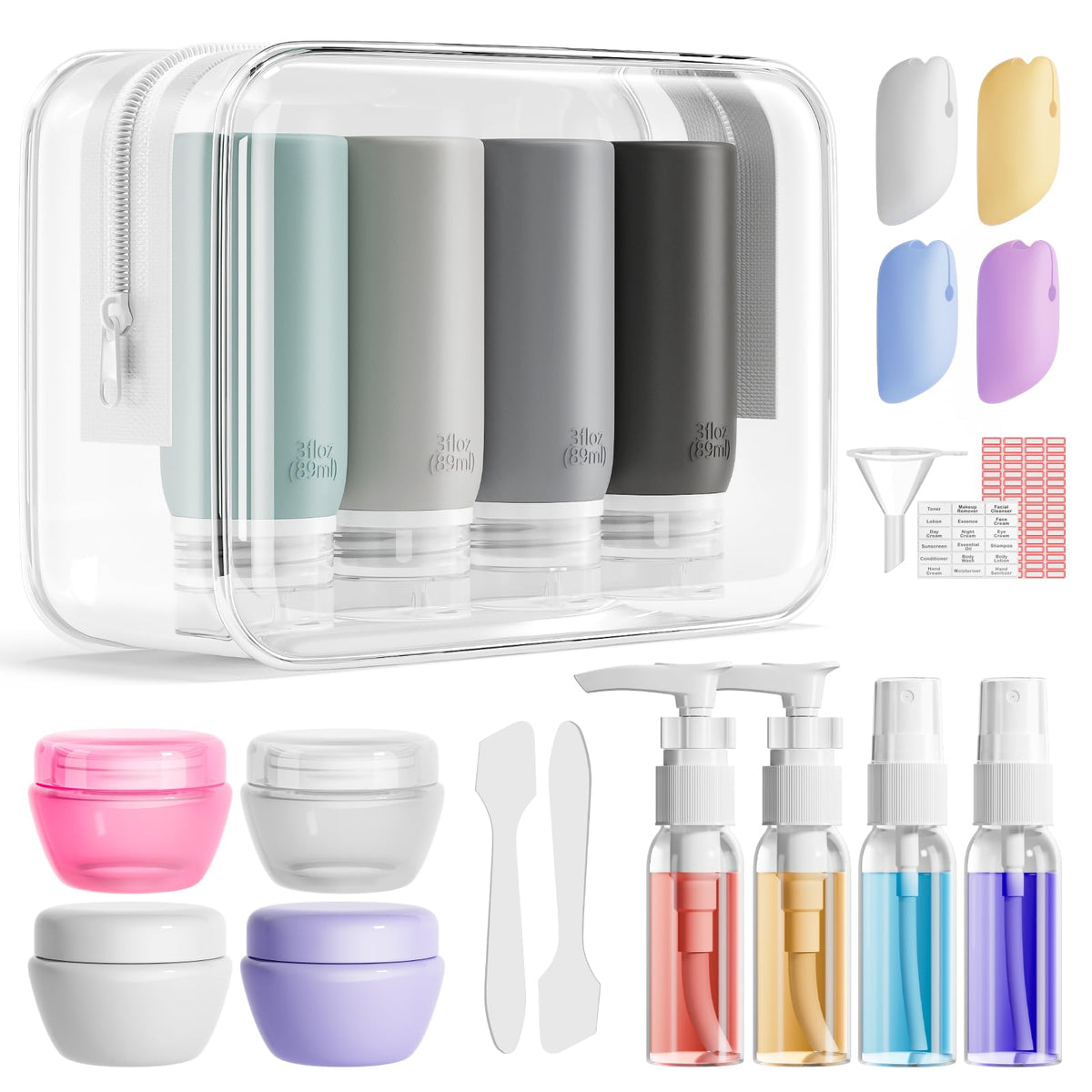 Muslish 21 Pack Travel Bottles for Toiletries, Leak-Proof TSA Compliant Silicone Travel Size Containers for Shampoo and Conditioner, BPA Free with Toiletry Bag (Cream)