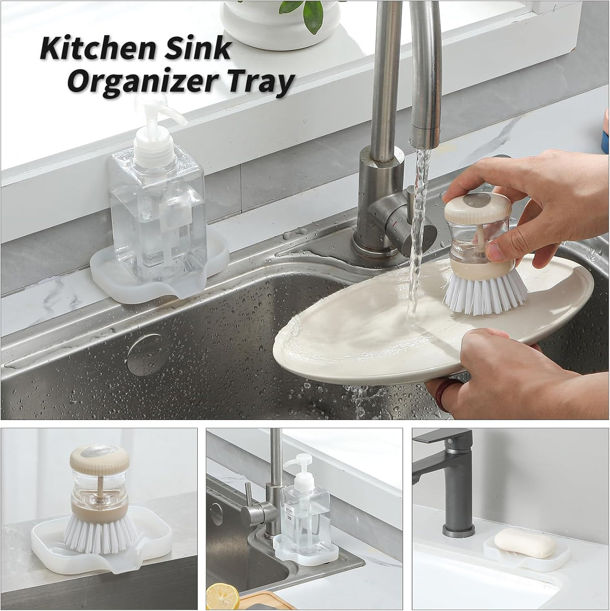MicoYang Silicone Soap Dish with Drain Spout, Self-Draining Sink Organizer Tray for Bathroom & Kitchen, Sponges, Dispensers & Soap Holder, Non-Slip & Dishwasher Safe, Translucent (Compact, 4.9"×3.2")