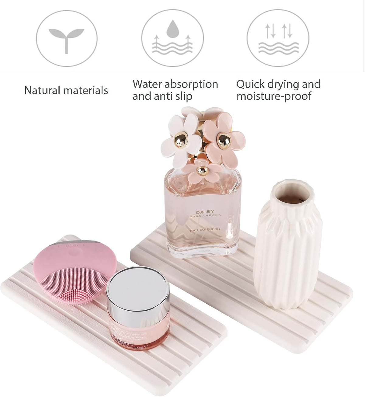 NiuYichee 2 PCS Water Absorbent diatomite Coasters, 8.3" x 4" Water Absorbing Stone Tray for Sink, Stone Drying mat for Kitchen Counter, Stone soap Tray Used for Hand Soaps & toiletries & Plants