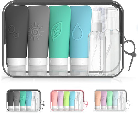 16-Piece Silicone Travel Bottles Set – TSA Approved Leakproof Toiletry Kit with Flat Easy-Squeeze Bottles, Pump & Spray, Waterproof Bag