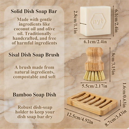 3 Pcs Bamboo Dish Brush Set,Solid Soap Bar,Soap Dish,Kitchen Scrubbers