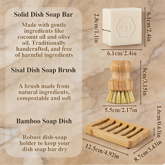 3 Pcs Bamboo Dish Brush Set,Solid Soap Bar,Soap Dish,Kitchen Scrubbers