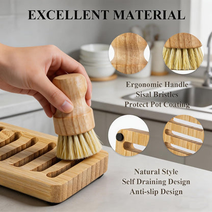 3 Pcs Bamboo Dish Brush Set,Solid Soap Bar,Soap Dish,Kitchen Scrubbers
