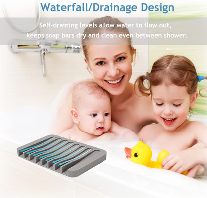 Self Draining Soap Dishes, 3 Pcs Silicone Soap Saver, Waterfall Drainer Soap Holder for Bathroom, Extend Soap Life, Keep Soap Bars Dry Clean & Easy Cleaning (White, Gray, Teal)