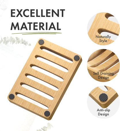 AmazerBath Soap Holder Soap Dish, Bamboo Soap Dish, 2 Pack Wood Bar Soap Holder for Shower, Trays Self Draining, Soap Saver for Shower, Bathroom, Kitchen(Natural Color)