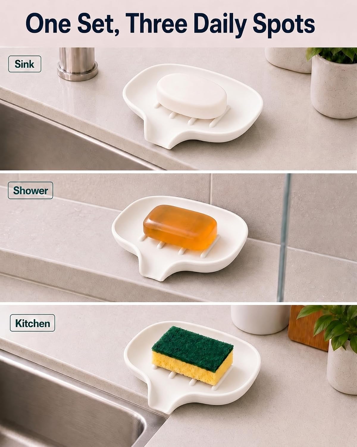 3 Pack Silicone Soap Dish for Shower, Bar Soap Holder with Drain Spout