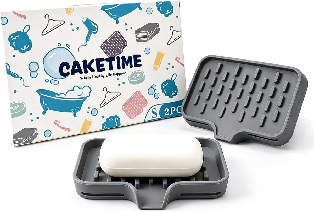 CAKETIME 2 Pack Silicone Soap Dish with Drainage Holes for Bathroom Shower Caddy Kitchen Counter Bar Sponge Holder Drying Rack Sink Organizer Essentials Apartment Home Household Must Haves 2026