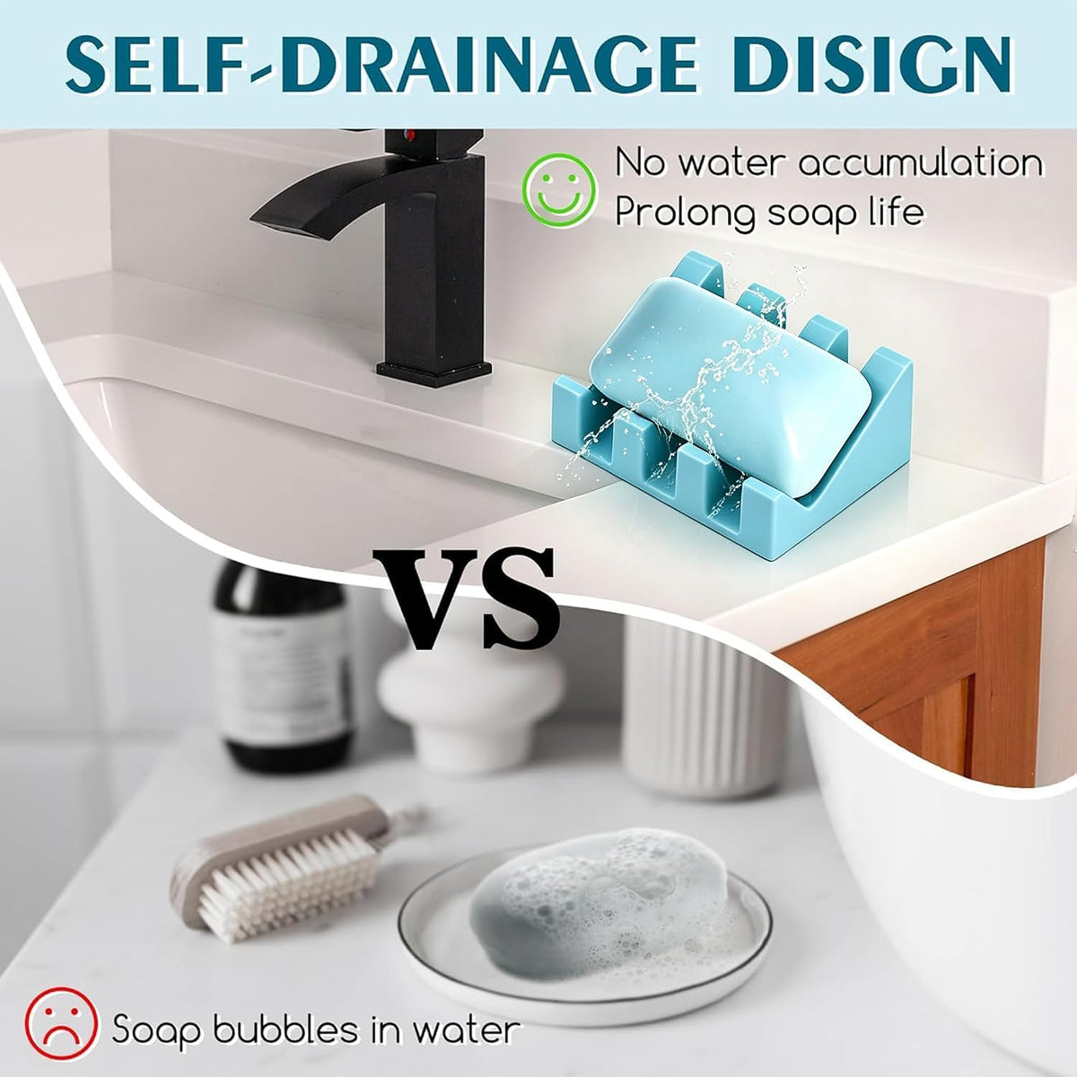 Self Draining Silicone Soap Dish Holder Waterfall Tray, 1 Pack Sky Blue
