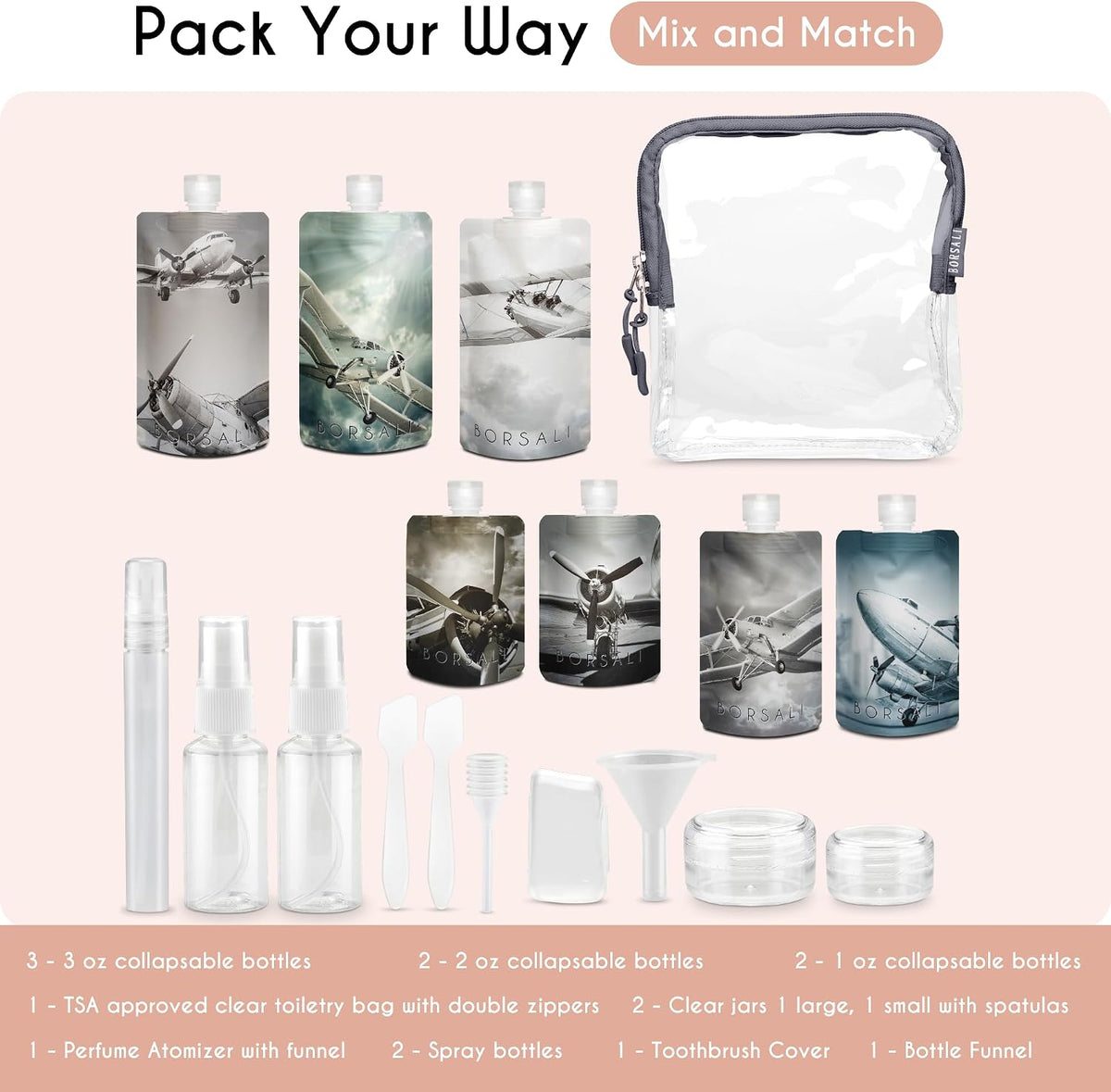 BORSALI Travel Pouches for Toiletries, Portable Flat Pack Squeeze Containers for Shampoo & 3-1-1 Liquids, Empty Travel Size Essentials for Women - 18 Piece Set with TSA Approved Bag