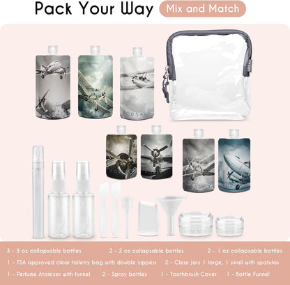 BORSALI Travel Pouches for Toiletries, Portable Flat Pack Squeeze Containers for Shampoo & 3-1-1 Liquids, Empty Travel Size Essentials for Women - 18 Piece Set with TSA Approved Bag