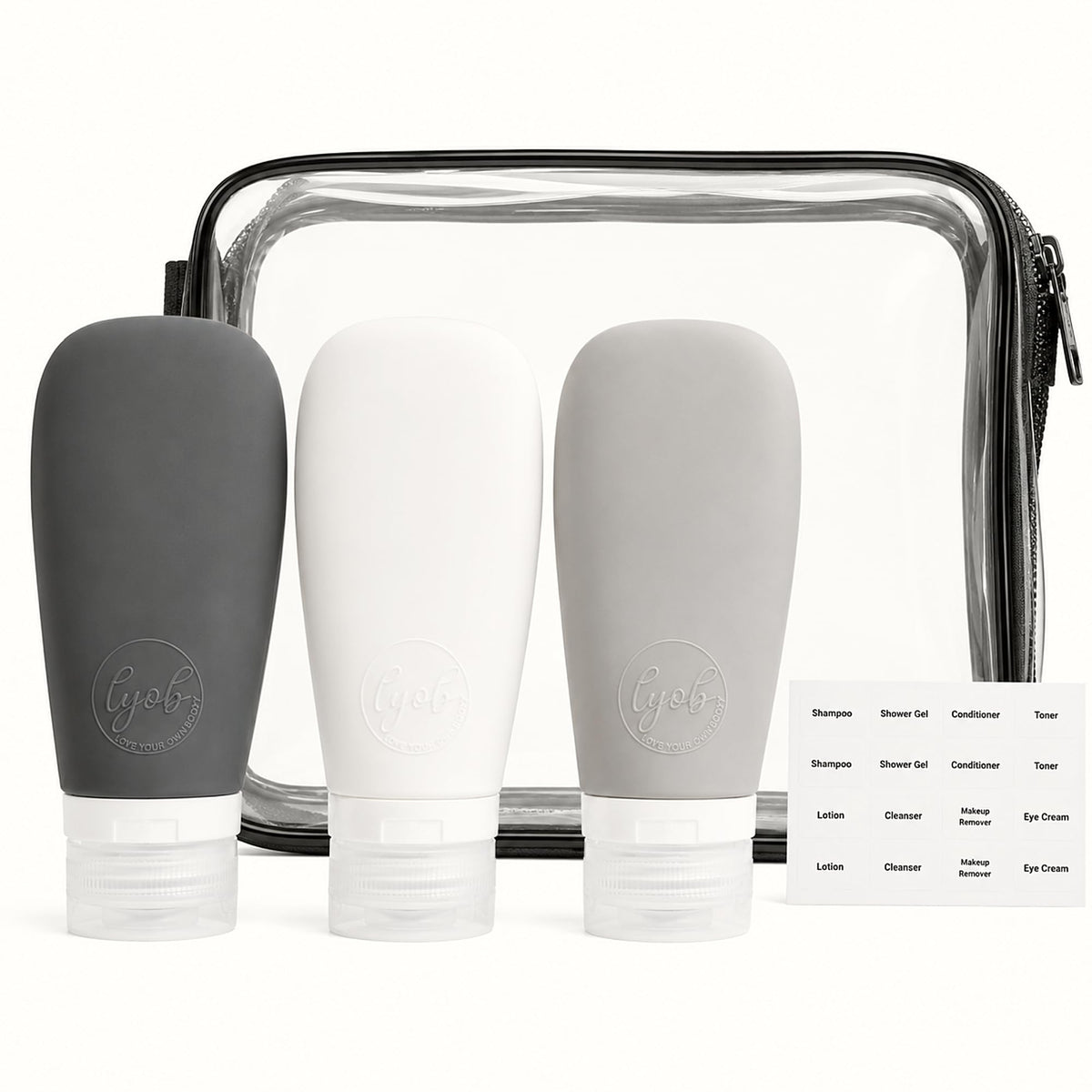 Travel Bottles for Toiletries, TSA Approved 3oz (90ml) Leak Proof Silicone Refillable Squeeze Travel Size Containers BPA Free for Cleansers, Lotions, Shampoo 3-pk (Black-Gray-White)