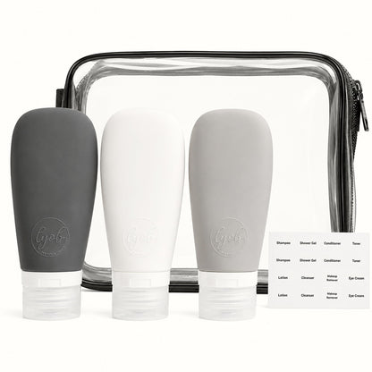 Travel Bottles for Toiletries, TSA Approved 3oz (90ml) Leak Proof Silicone Refillable Squeeze Travel Size Containers BPA Free for Cleansers, Lotions, Shampoo 3-pk (Black-Gray-White)