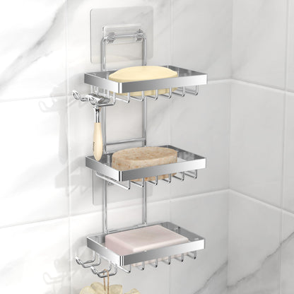Moforoco Double Soap Bar Holder for Shower, No Drilling, 304 Stainless Steel, Wall Mounted Soap Holder with 4 Hooks and Razor Holder, Shower Rack Soap Tray Bar Soap for Bathroom Accessories Organizer