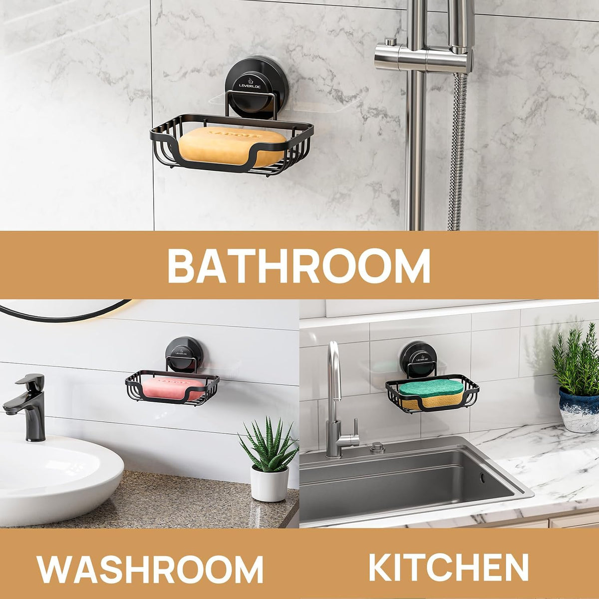 LEVERLOC Soap Dish, Soap Bar Holder for Shower Suction Cup Wall Mounted