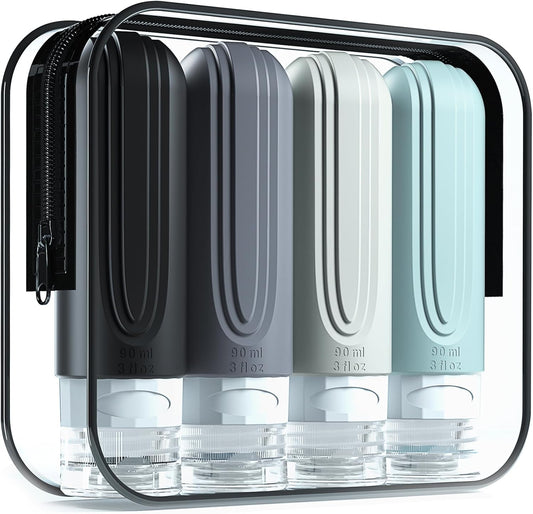 Mrsdry Travel Bottles for Toiletries, Tsa Approved 3oz Travel Size Containers BPA Free Leak Proof Refillable Liquid Silicone Squeezable Travel Accessories for Shampoo Conditioner Lotion (4 Pack)