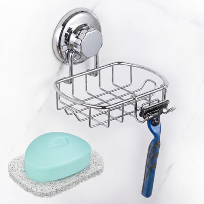 HASKO 2 Pack Suction Cup Soap Dish for Shower Wall, Rustproof Stainless Steel, Shower Soap Holder with Hooks, Includes Optional No Drill Adhesive Mount for Bathroom, 2 Soap Savers, Black