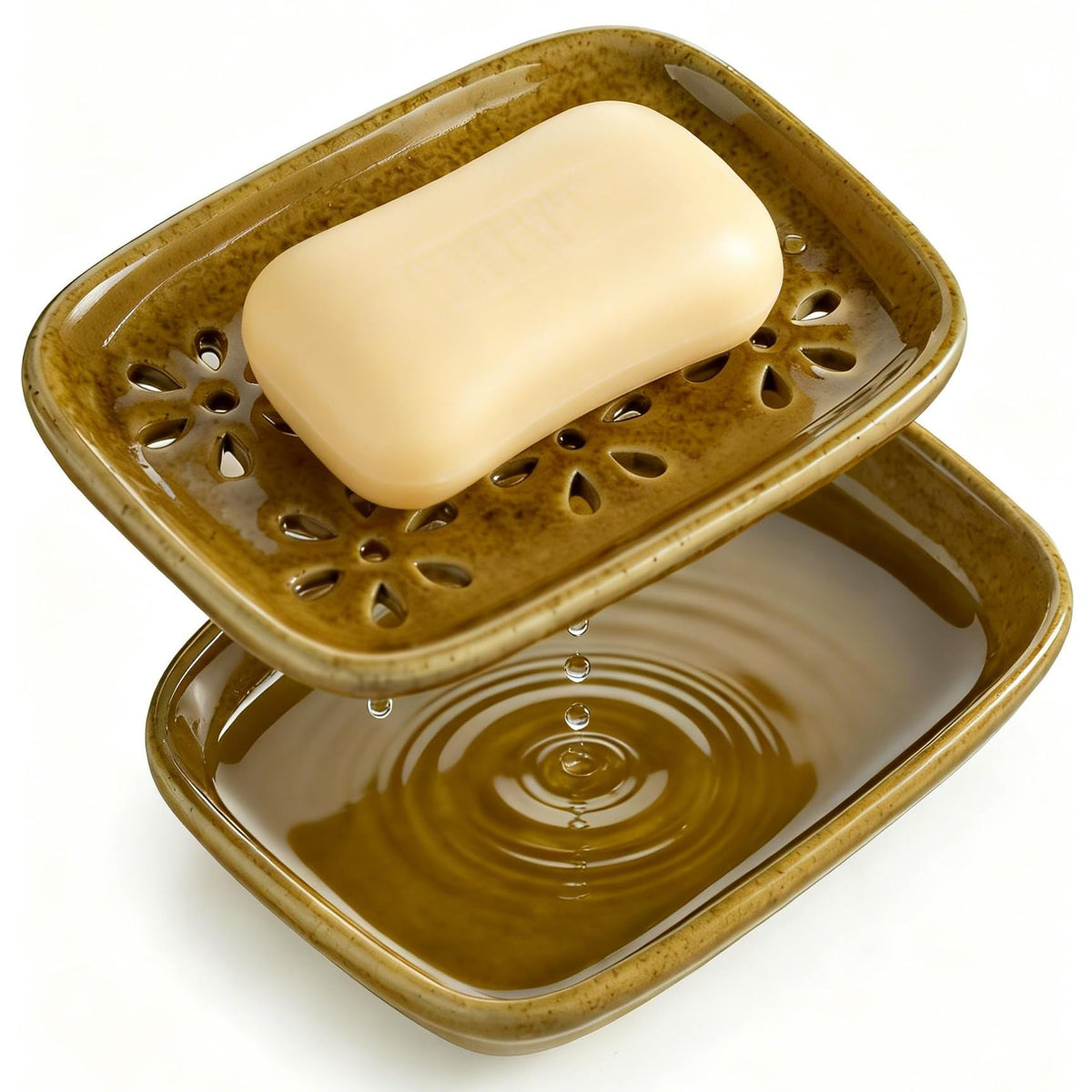 Miamolo Soap Dish for Shower with Drainage, Double Layer Bar Soap Holder, Ceramic Soap Saver Sponge Holder for Bathroom, Tub and Kitchen Sink, Slotted Draining Soap Dishes Extend Soap Life, Beige