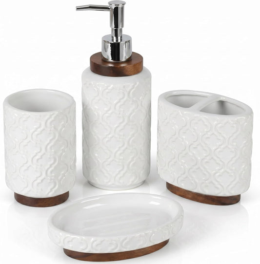 RQYIXI Ceramic Bathroom Accessories Set,White,4 Piece,Embossed Design