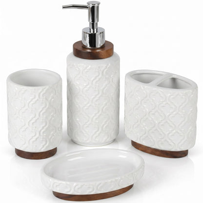 RQYIXI Ceramic Bathroom Accessories Set,White,4 Piece,Embossed Design