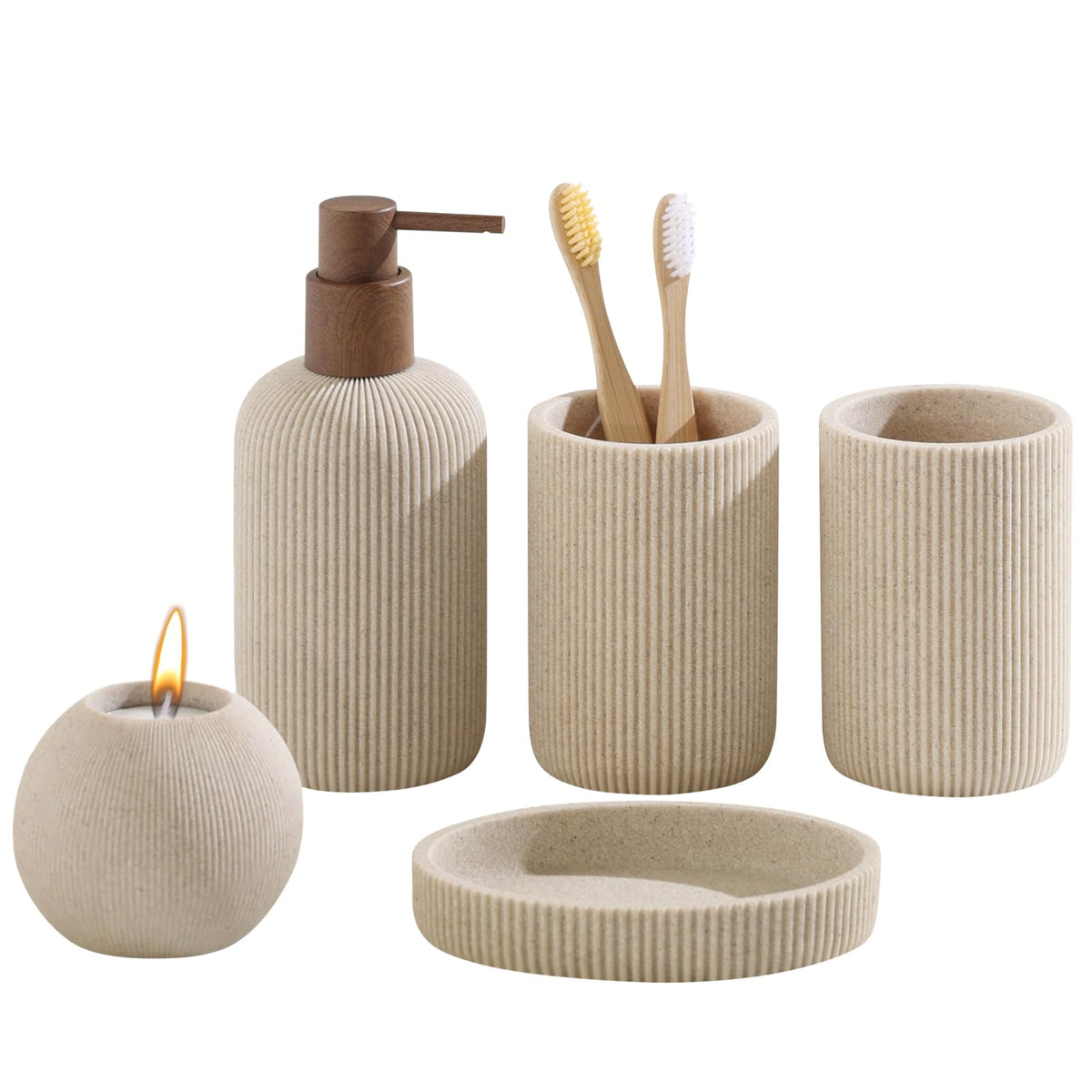 Bathroom Accessories Set, 5 PCS Modern Bath Organizer, Beige