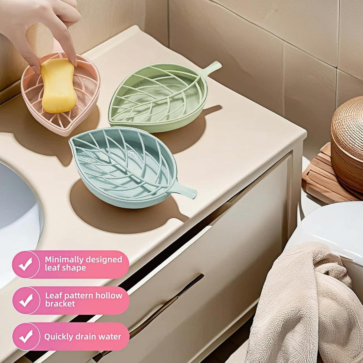 Leaf-Shaped Soap Dish Set, 2-Tier Soap Holder Drain Rack, Leaf Design - No Drill Wall Mount, Detachable Bathroom Organizer for Shower Sink (Pastel Green/Blue/Pink)