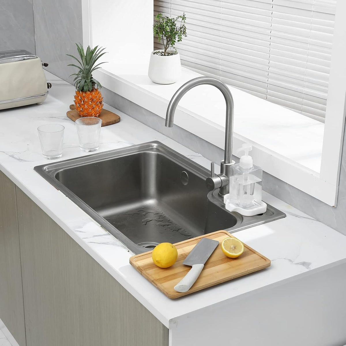 MicoYang Silicone Soap Dish with Drain Spout, Self-Draining Sink Organizer Tray for Bathroom and Kitchen, Sponges, Dispensers and Soap Holder, Non-Slip and Dishwasher Safe, White (Compact, 4.9"×3.2")