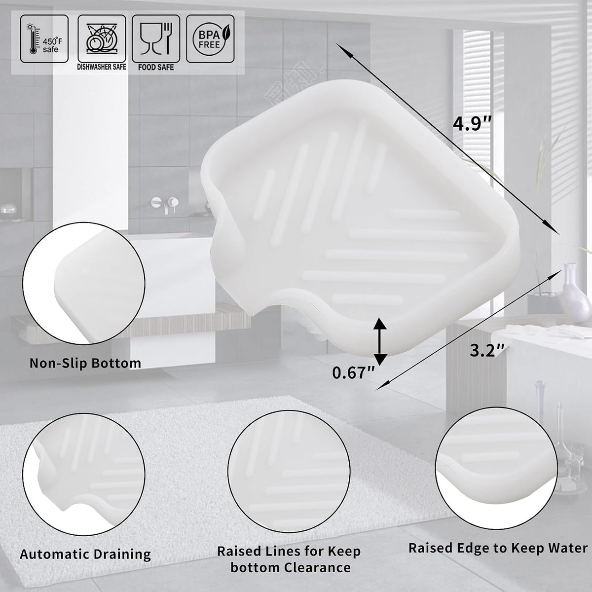MicoYang Silicone Soap Dish with Drain Spout, Self-Draining Sink Organizer Tray for Bathroom & Kitchen, Sponges, Dispensers & Soap Holder, Non-Slip & Dishwasher Safe, Translucent (Compact, 4.9"×3.2")