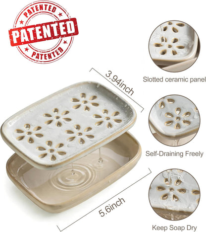Miamolo Soap Dish for Shower with Drainage, Double Layer Bar Soap Holder, Ceramic Soap Saver Sponge Holder for Bathroom, Tub and Kitchen Sink, Slotted Draining Soap Dishes Extend Soap Life, Beige
