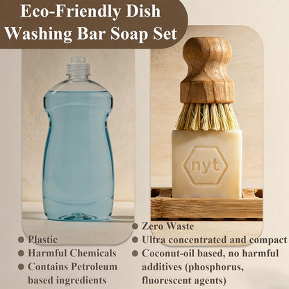 3 Pcs Bamboo Dish Brush Set,Solid Soap Bar,Soap Dish,Kitchen Scrubbers