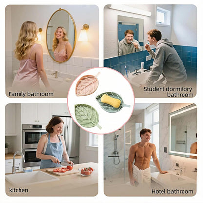 Leaf-Shaped Soap Dish Set, 2-Tier Soap Holder Drain Rack, Leaf Design - No Drill Wall Mount, Detachable Bathroom Organizer for Shower Sink (Pastel Green/Blue/Pink)