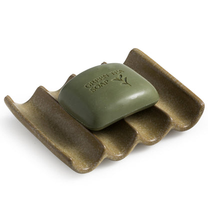 Draining Ceramic Soap Dish - Fluted Design, Bar Soap Holder for Shower & Bathroom, Soap Saver Sponge Lift, Green