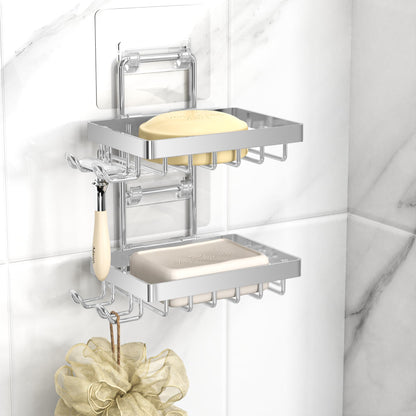 Moforoco Double Soap Bar Holder for Shower, No Drilling, 304 Stainless Steel, Wall Mounted Soap Holder with 4 Hooks and Razor Holder, Shower Rack Soap Tray Bar Soap for Bathroom Accessories Organizer