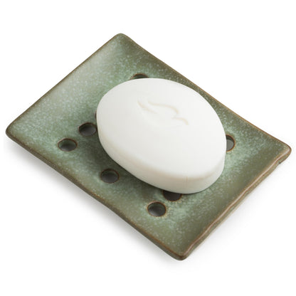 Draining Ceramic Soap Dish - Fluted Design, Bar Soap Holder for Shower & Bathroom, Soap Saver Sponge Lift, Green
