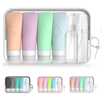 16-Piece Silicone Travel Bottles Set – TSA Approved Leakproof Toiletry Kit with Flat Easy-Squeeze Bottles, Pump & Spray, Waterproof Bag