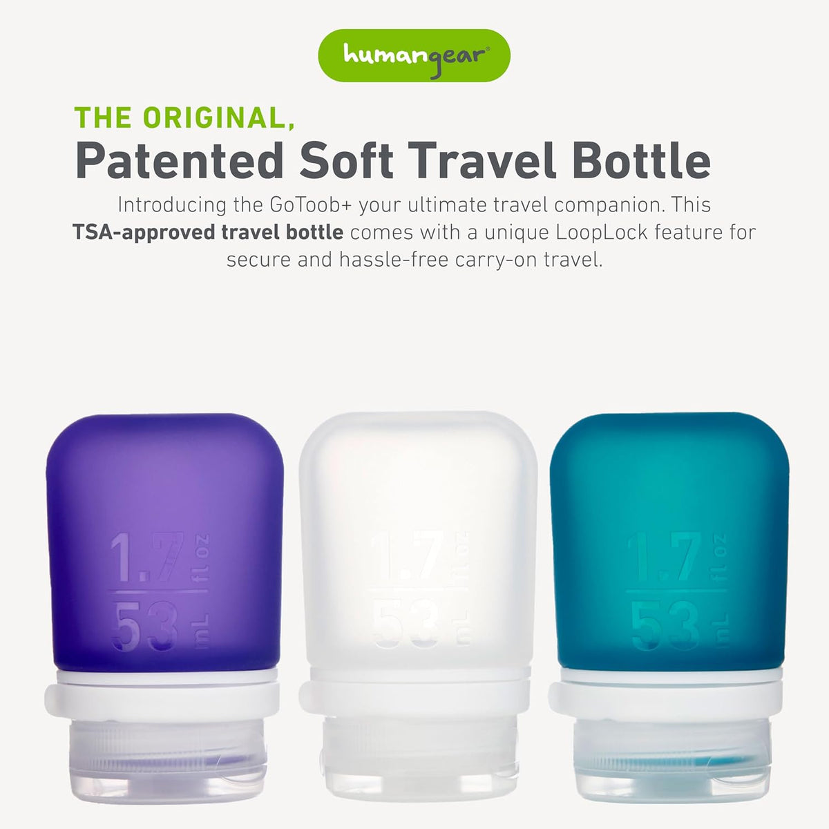 humangear GoToob+ 3-Pack, Small (1.7 fl oz), Clear/Purple/Teal