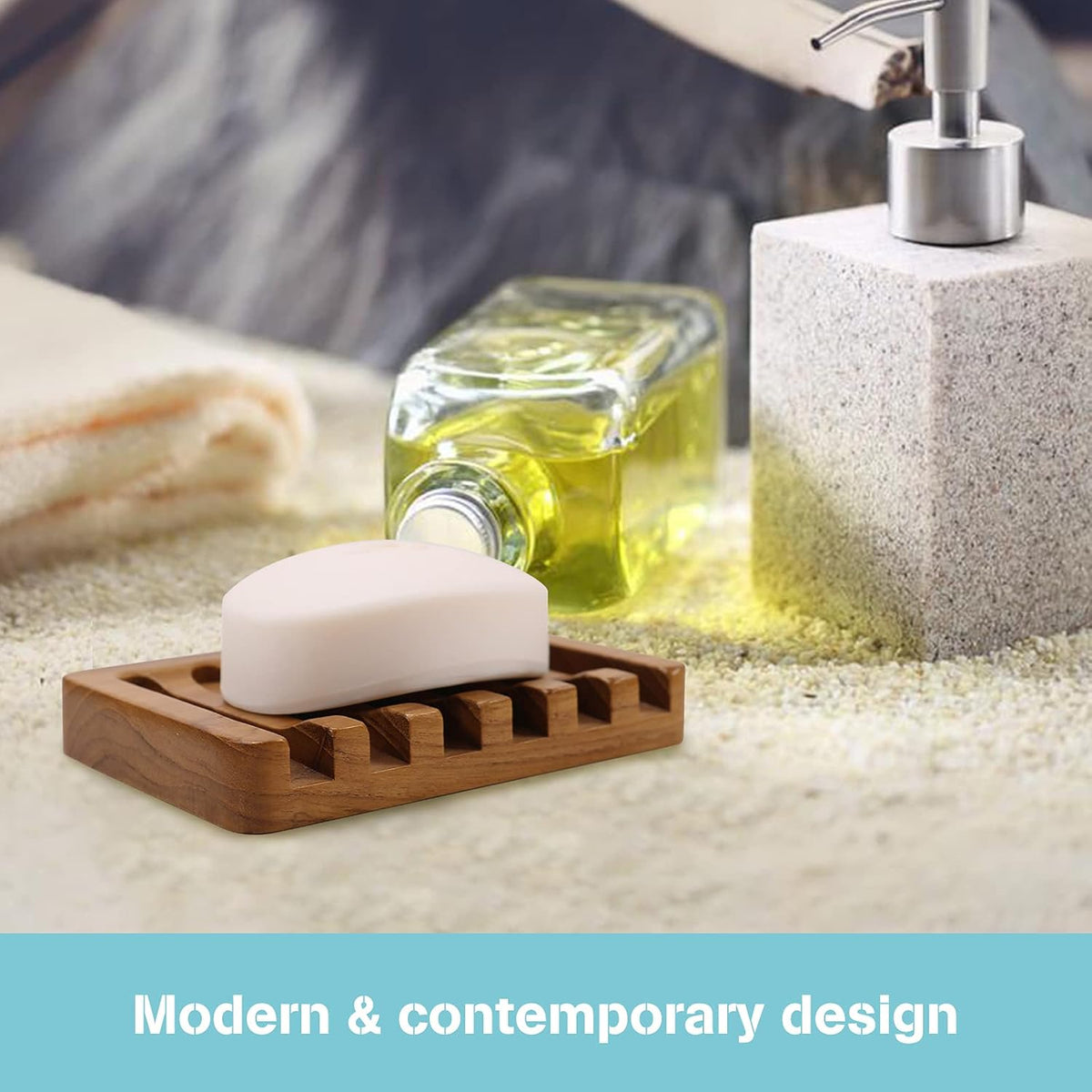 HTB Soap Dish with Slanted Waterfall Design,Teak Wood Bar Soap Holder