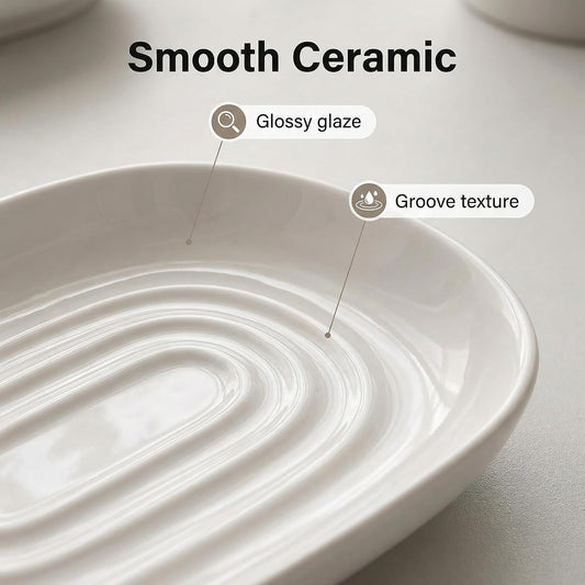 Ceramic Marble Pattern Soap Dish, Textured Raised Soap Saver Tray for Shower Bathroom Kitchen Sink Vanity, Easy to Clean Multi-Use Holder for Bar Soap Jewelry Rings Keys, White (1 Pack)