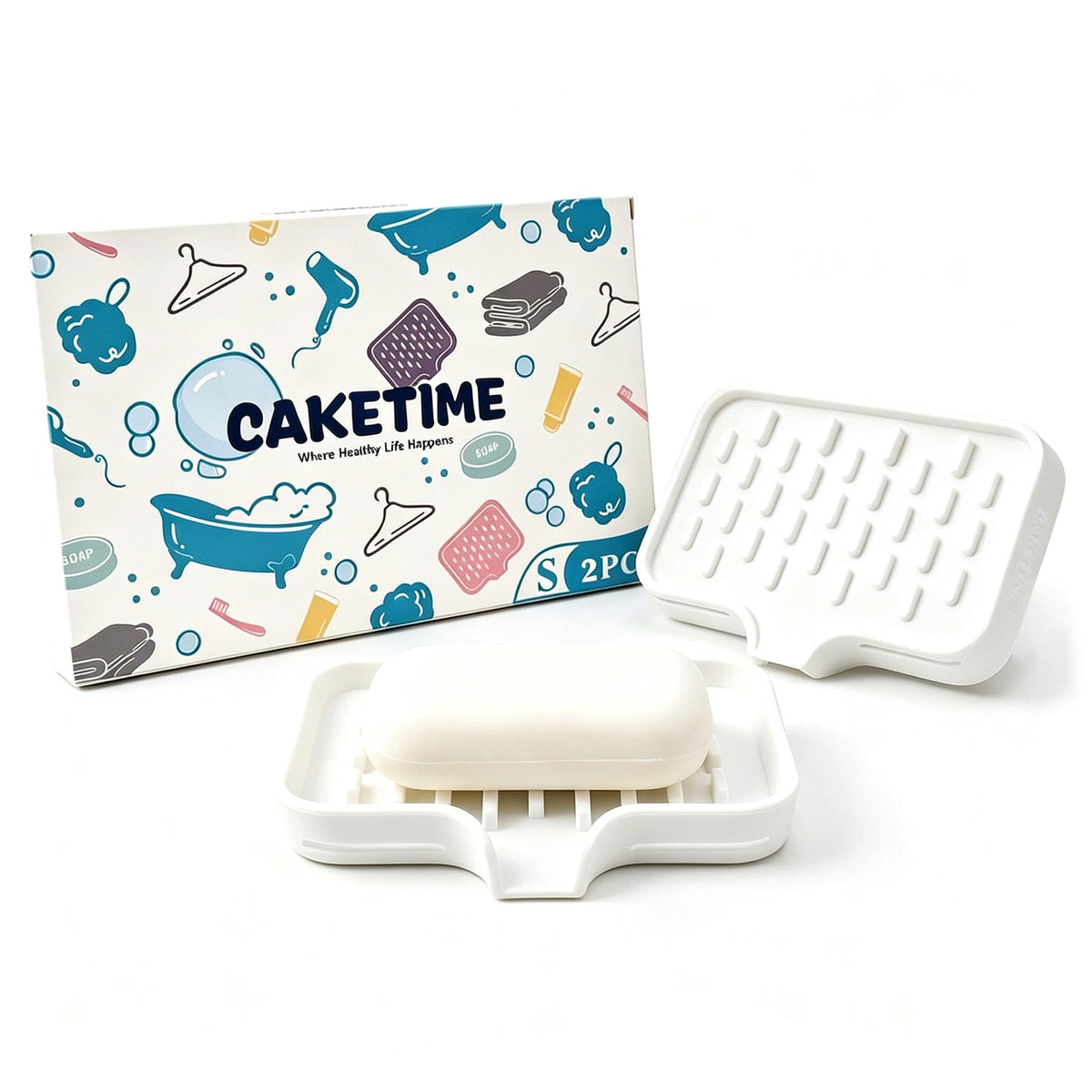 CAKETIME 2 Pack Silicone Soap Dish with Drainage Holes for Bathroom Shower Caddy Kitchen Counter Bar Sponge Holder Drying Rack Sink Organizer Essentials Apartment Home Household Must Haves 2026