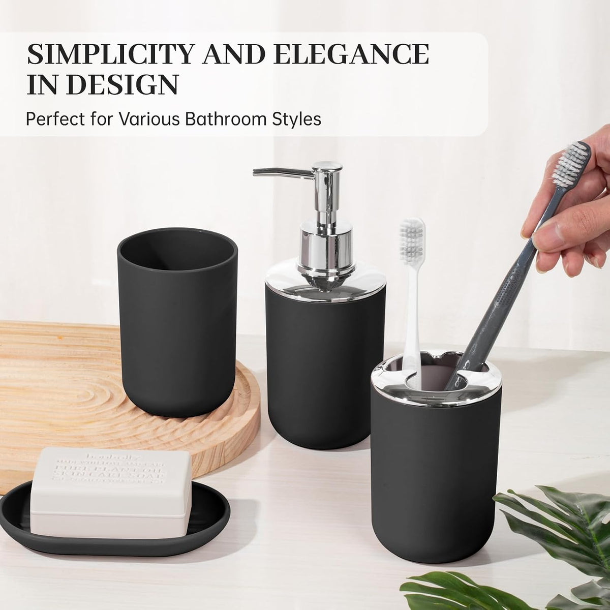 Bathroom Accessory Set, 4 Pcs Black Plastic Bathroom Set