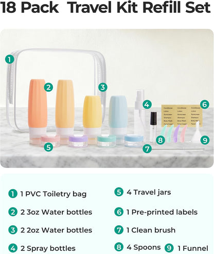 BAGSMART 18 Pack TSA Approved Travel Bottles for Toiletries, Leak Proof Silicone Travel Size Containers Bottles for Shampoo, Purple