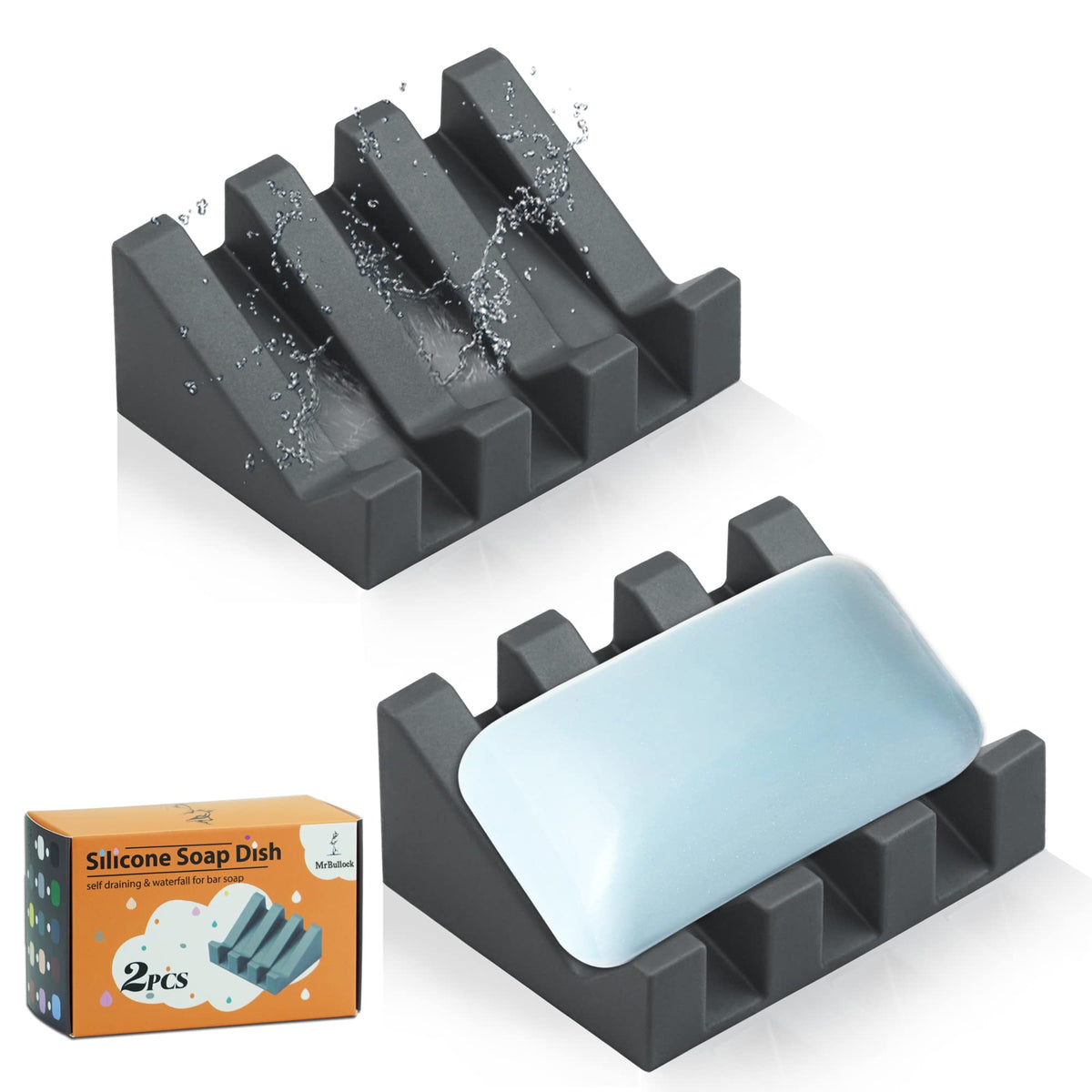 Self Draining Silicone Soap Dish Holder Waterfall Tray, 1 Pack Sky Blue