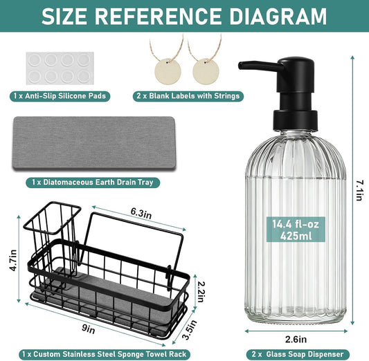 Kitchen Soap Dispenser Set, Hand and Dish Soap Dispenser Set with Sponge Holder, Dish Soap Dispenser with Instant Dry Tray for Kitchen Organizer, 15 fl oz Clear Glass Soap Dispenser with Pump