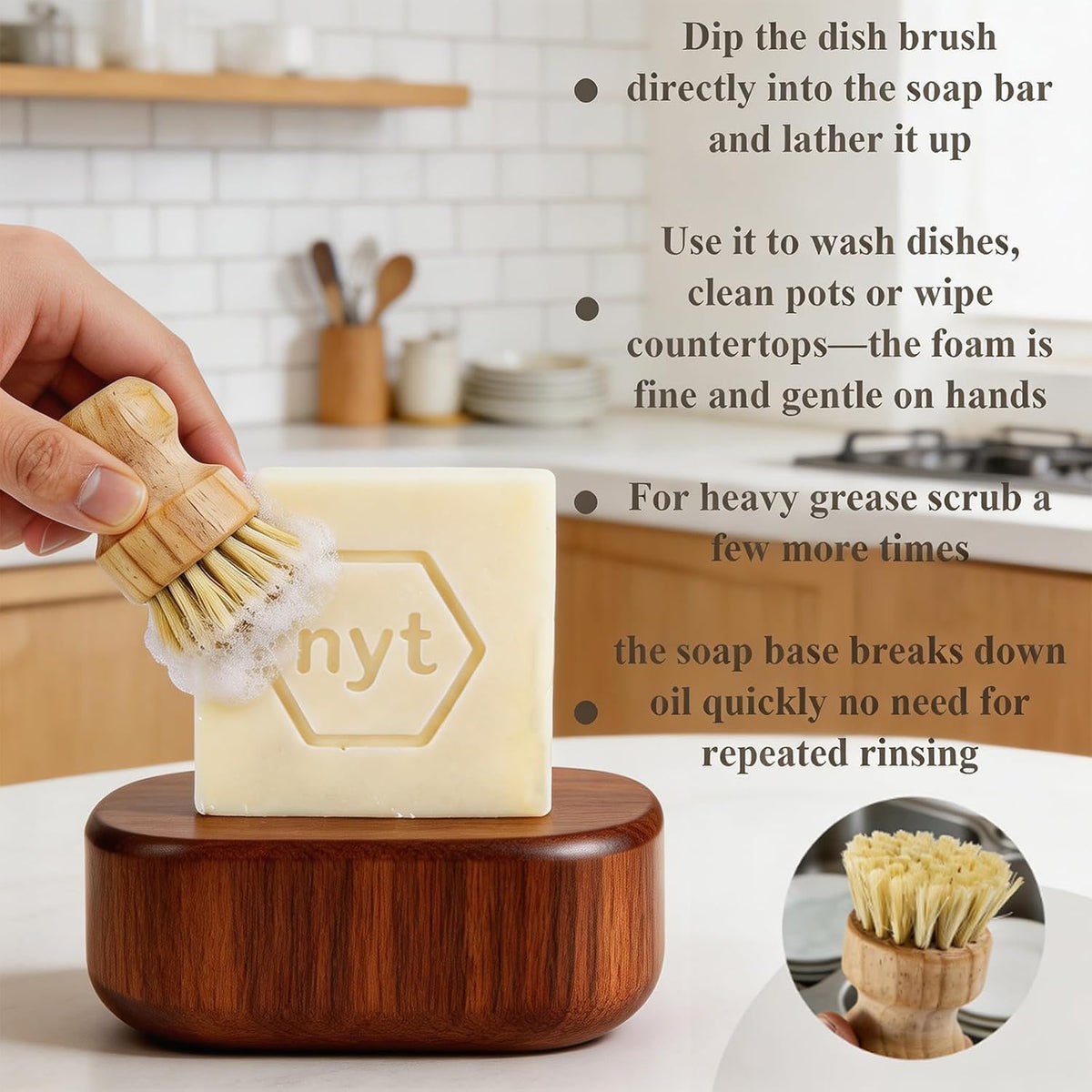3 Pcs Bamboo Dish Brush Set,Solid Soap Bar,Soap Dish,Kitchen Scrubbers