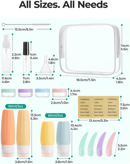 BAGSMART 18 Pack TSA Approved Travel Bottles for Toiletries, Leak Proof Silicone Travel Size Containers Bottles for Shampoo, Purple