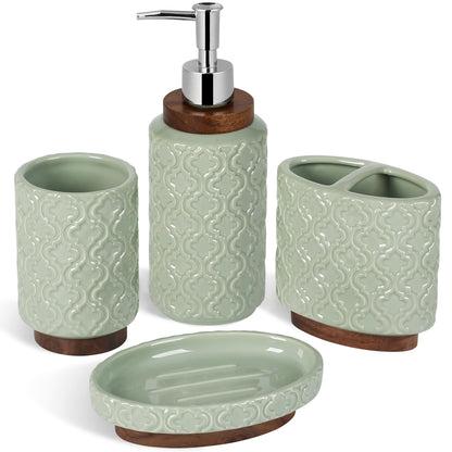 RQYIXI Ceramic Bathroom Accessories Set,White,4 Piece,Embossed Design
