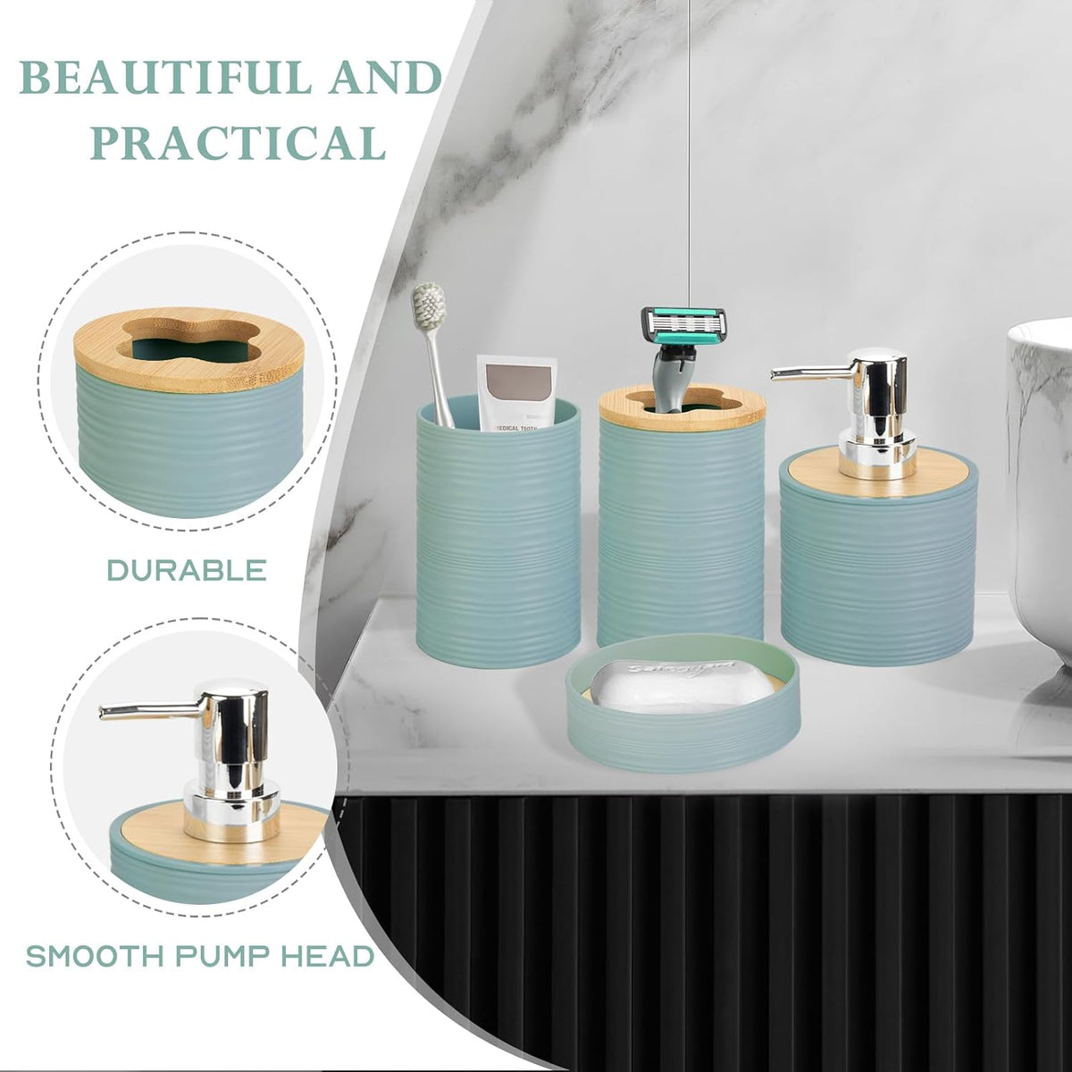RRM 4 Piece Bamboo Bathroom Accessories Set, Boho Bathroom Decor, Aqua