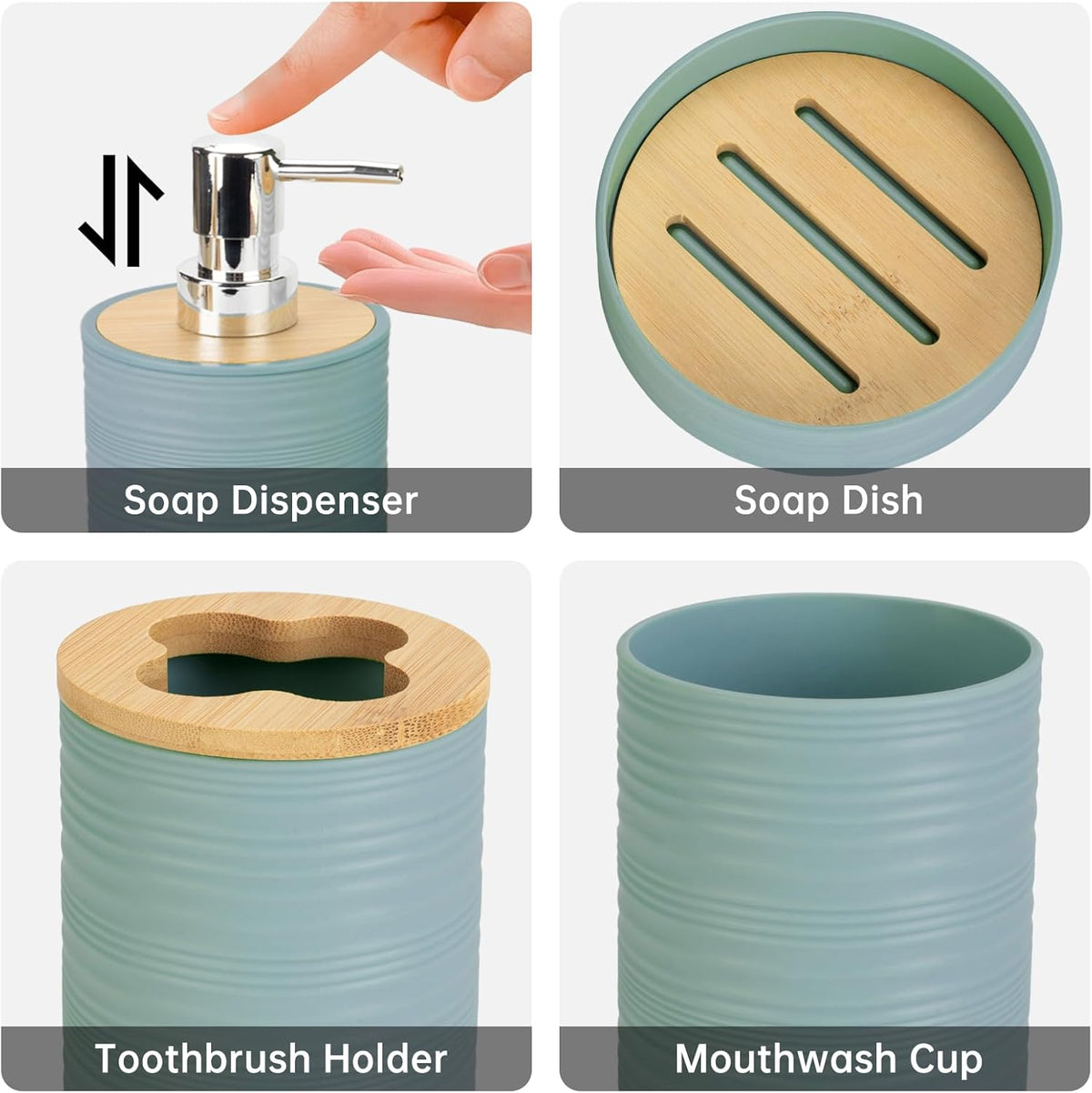 RRM 4 Piece Bamboo Bathroom Accessories Set, Boho Bathroom Decor, Aqua